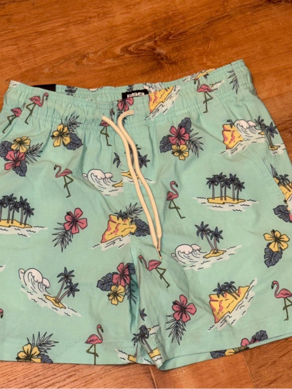 RSQ Mint Green Tropical Flamingo Print Swim Trunks with Pink & Yellow Accents
